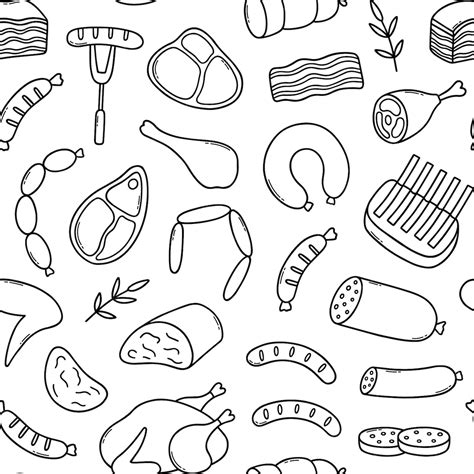 Premium Vector Seamless Pattern Of Meat Doodle Sausages Steaks Ribs