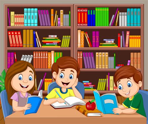 Niños De Dibujos Animados Estudiando En La Biblioteca 8604954 Vector En