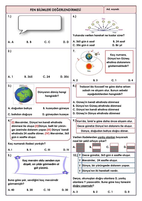 4 Sınıf Fen Bilimleri Dünyanın Hareketleri Değerlendirmesi MaviOkul
