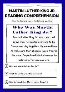 Martin Luther King Jr Reading Comprehension Passages With Questions