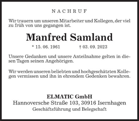 Traueranzeigen Von Manfred Samland Trauer Anzeigen De