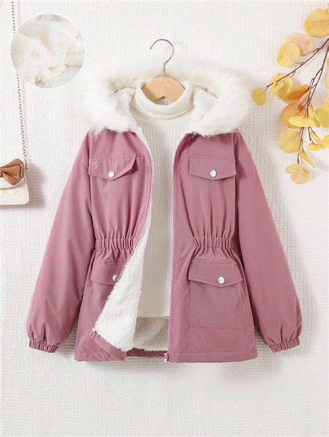 Shein Tween Girl Pc Flap Pocket Fuzzy Trim Hooded Thermal Lined Coat