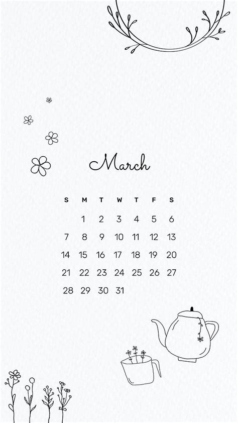 March 2021 Mobile Wallpaper Vector Template Cute Doodle Drawing