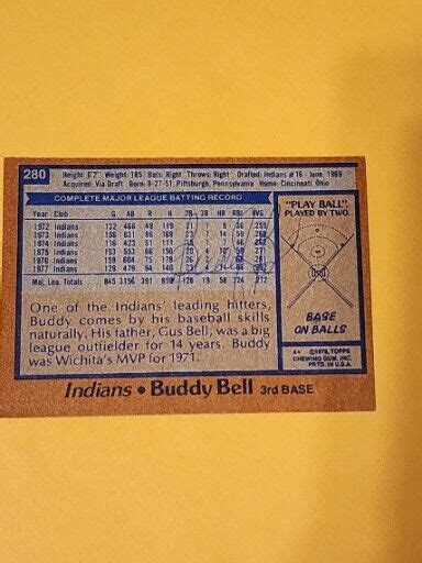 1978 Topps 280 Buddy Bell Cleveland Indians Baseball Card Autograph