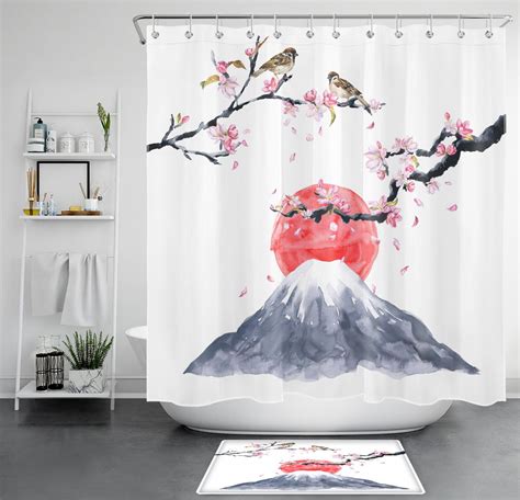 INPERCUST Bird Mount Fuji Japanese Cherry Blossom Shower Curtain