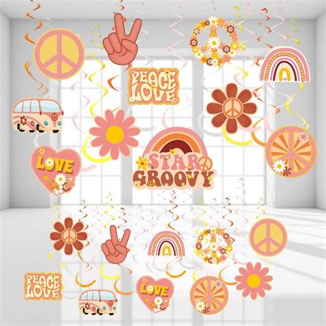 51 Pcs Two Groovy Party Hanging Swirl Decorations Groovy Retro Hippie