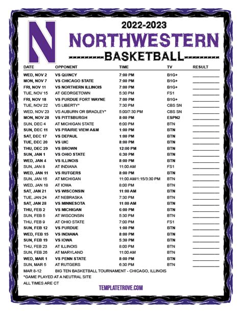 Printable 2022-2023 Northwestern Wildcats Basketball Schedule