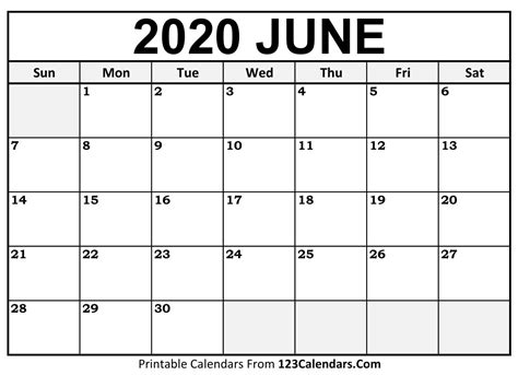 Free June 2020 Calendar