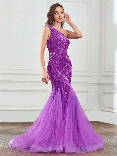 One Shoulder Sequin Formal Dress Shein Usa