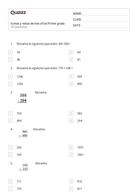 50 Resta de tres dígitos hojas de trabajo para Grado 1 en Quizizz