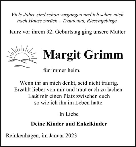 Traueranzeigen Von Margit Grimm Trauer Anzeigen De