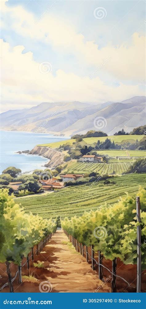 Serene Watercolor Vineyard By The Ocean Stock Illustration