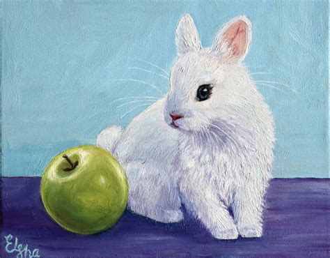 White Bunny And Green Apple Oil Painting Painting By Elena Ushanova