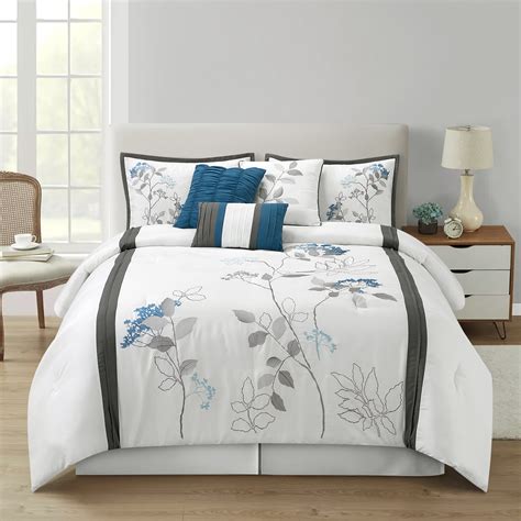 Lanco Genesis Floral 7 Piece Comforter Set Queen Size Whitegrayblue 100 Polyester