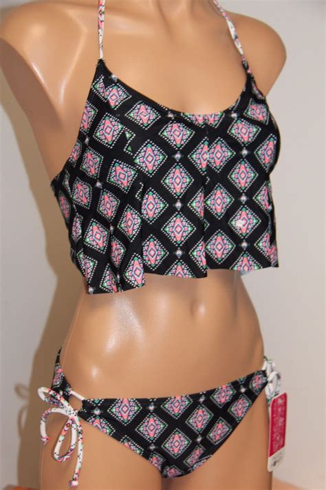 Nwt Hula Honey Swimsuit Bikini Piece Set Sz L Halter Top Multi Tie