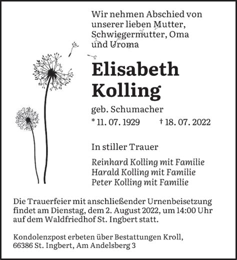 Traueranzeigen Von Elisabeth Kolling Saarbruecker Zeitung Trauer De