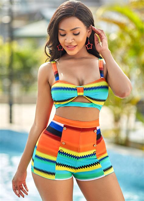 Colorful Striped High Waisted Plus Size Bikini Set Rosewe USD