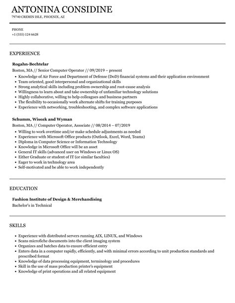 Computer Operator Resume Samples Velvet Jobs