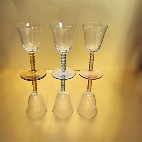 Multi Colored Cordial Glasses With Pastel Twisted Stems Vintage Set Of