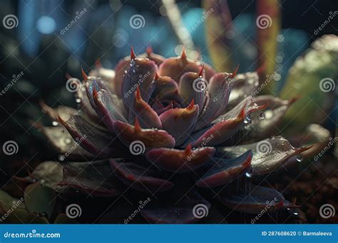 Green Succulent Plant With Water Drops A Striking Macro Shot Stock