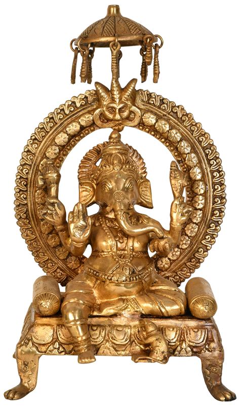 Lord Ganesha Seated On Throne With Parasol In Brass Handmade