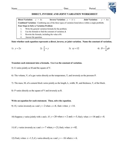 Direct Variation Word Problems Worksheet Printable Word Searches