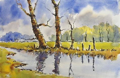 Woodland River Line And Wash By Joanne Thomas Watercolor Landscape