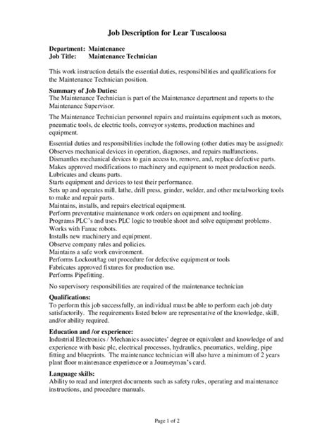 Fillable Online Maintenance Technician Job Description Template Fax Email Print Pdffiller