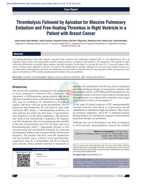 Pdf Thrombolysis Followed By Apixaban For Massive Pulmonary Embolism And Free Floating