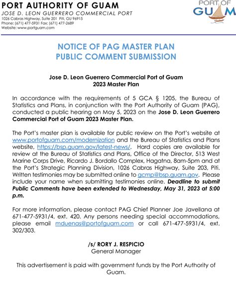 Notice Of Pag Master Plan Public Comment Submission Port Authority Of