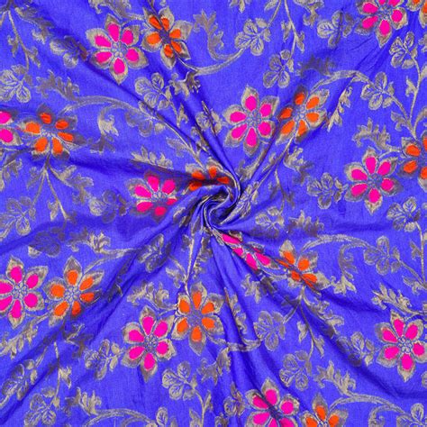 Buy Blue Pink And Golden Floral Satin Brocade Silk Fabric For Best