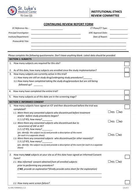 Continuing Review Report Form Institutional Ethics