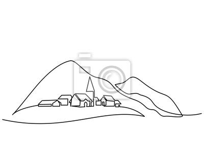 Continuous Line Drawing Landscape With Village On Hill Vector Posters