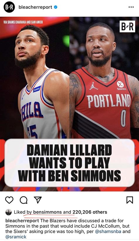 Ben Simmons likes Instagram post by Bleacher Report that says “Damian ...