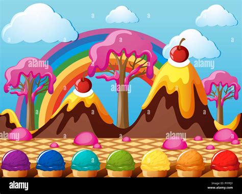 Candy land with chocolate mountains and icecream field illustration Stock Vector Image & Art - Alamy