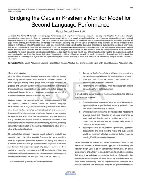 Pdf Bridging The Gaps In Krashen S Monitor Model For Second Language Performance