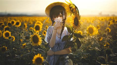 anime, girl, sunflower, field, scenery, 4k, HD Wallpaper | Rare Gallery