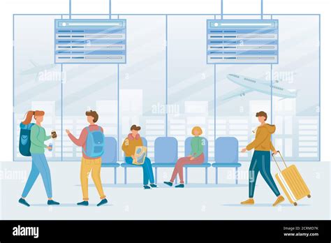 Passengers In Airport Lounge Area Flat Vector Illustration Travelers In Air Terminal Transit