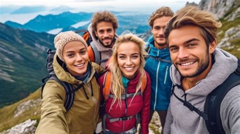 Premium AI Image Four Hikers With Backpacks Take A Selfie While