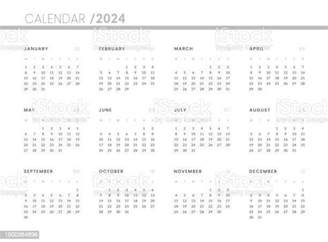 2024 Annual Calendar Template Vector Layout Of A Wall Or Desk Simple