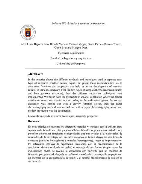 Informe Quimica Mezclas Y Tecnicas De Separacion Informe N°3 Mezclas