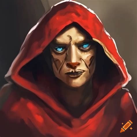 Portrait Of A Hooded Cyber Monk In Red Robes Inspired By 40k Style On