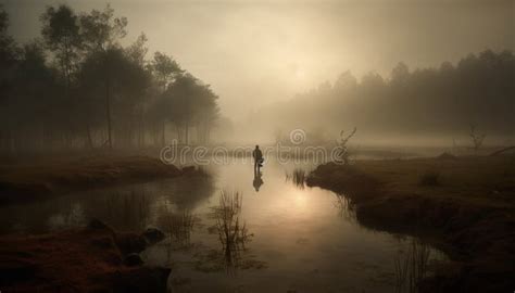 Silhouette Of One Person Walking In Tranquil Forest At Dusk Generated