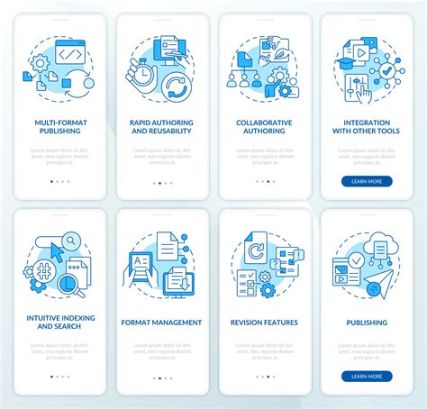 LCMS and CMS features blue onboarding mobile app screen set
