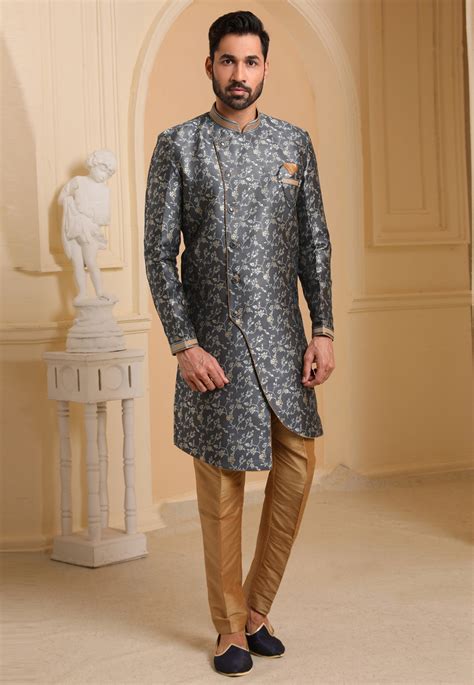 Grey Jacquard Silk Indo Western Suit 237772