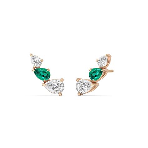 Trilogy Pear Shape Diamond And Created Emerald Concave Climber Earring In 2024