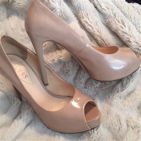 Guess Nude Patent Leather Platform Peep Toe Heels Gem