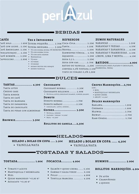 Carta de Cafetería Restaurante Perla Azul Córdoba