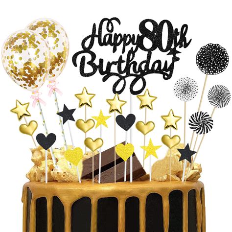 Buy 80th Birthday Cake Topper Black Gold Glitter Happy 80th Birthday