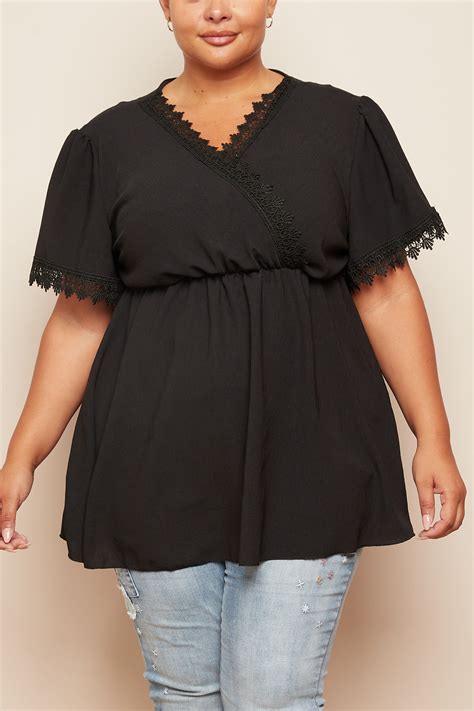 Plus Size Black Wrap Elasticated Waist Crochet Trim Detail Top With Short Sleeves Praslin Clothing